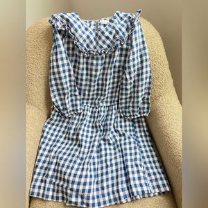 Blue, white and red check mid length dress